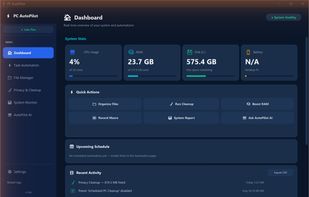The dashboard — system health at a glance, one-click actions, and a running log of everything the app has done.