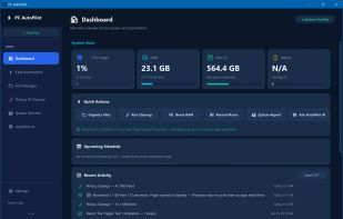 The dashboard — system health at a glance, one-click actions, and a running log of everything the app has done.
