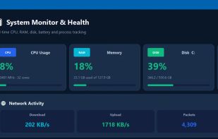 System monitor — CPU, memory, disk and battery in real time, with alerts when something needs attention.