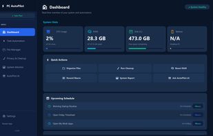 The dashboard — system health at a glance, one-click actions, and a running log of everything the app has done.