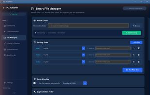 Smart file manager - organise Downloads and Desktop by file type, and find genuine duplicates by comparing file contents, not just names.