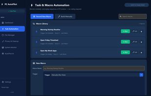 Task and macro automation - record a repetitive task once, then replay it on a hotkey, on a schedule, or when a file lands in a watched folder.