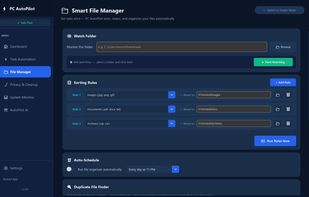 Smart file manager - organise Downloads and Desktop by file type, and find genuine duplicates by comparing file contents, not just names.
