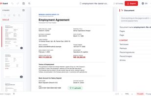 An employment contract with a national ID, home address and salary, open in the editor - with a live badge showing 0 bytes uploaded.