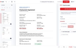 Organize pages: drag to reorder, rotate, duplicate, delete, insert a blank page or another PDF, or extract pages to a new file.