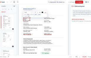Editing text that is already in the PDF: click a line and inline controls for font, size, weight and colour appear. The original is replaced in the exported copy.