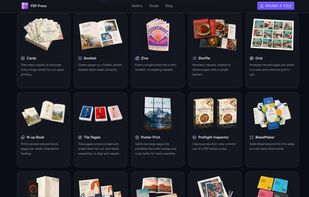 Feature card overview for document setup, displaying options for booklets, zines, tile-page posters, preflight checks, bleed generation, and page editing tools.
