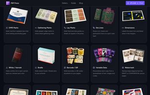 Feature catalog detailing print-mark tools, spot colors, dielines, Braille layer controls, variable data merging, QR codes, and DTF gang-sheet auto-nesting.