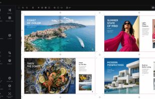 Interactive dark-mode workspace showing page layout tools, transform options, pre-press controls, and a live 4-page magazine spread with crop marks and page size indicators.