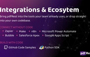 Integrates with Zapier, Make, n8n, Power Automate, Bubble, Google Apps Script, and Salesforce Apex, plus GitHub samples in six languages and a Python SDK on PyPI for developers building direct.