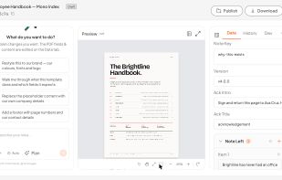 The editor: describe a change in plain English on the left, the document re-renders live in the middle, and the template's data fields — driven by its JSON Schema — are on the right.