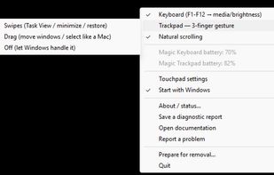 Trackpad three-finger gesture submenu with Swipes selected: Task View, minimize all windows, and restore minimized windows.