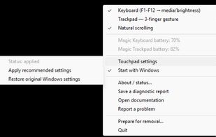 Touchpad settings submenu showing recommended Windows settings are applied and can be restored.