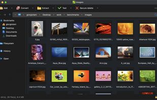 PeaZip file manager in (large) Icons mode, showing thumbnails of pictures on macOS in dark mode.