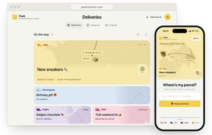 Deliveries in the browser, each drawn on a map of its route, and the paste field on the iPhone.