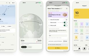 A parcel's page with its route and tracking history, its journey on the globe, sharing it as a gift, and the passport of stamps.