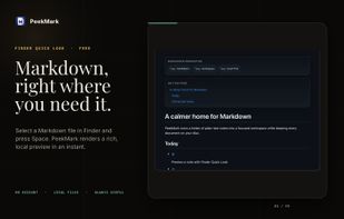 Preview Markdown instantly in Finder with native Quick Look, including GFM, syntax highlighting, Mermaid, Math/LaTeX, frontmatter and wikilinks.