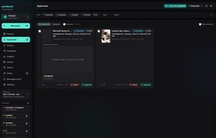 The approval queue: agent-drafted posts wait here until you approve or reject them (demo data).