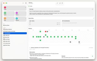 Individual Relationship Profile:
Each contact has a dedicated profile with your goals for the relationship, upcoming interactions, engagement history, and active commitments — like tracking a mentorship assignment through to completion.