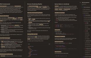 Periplus document system with three side-by-side documents about web development.