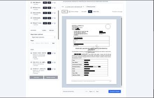 The redaction editor allows users to define redaction rules using keywords or regular expressions while viewing a live preview of the document. Matching text is highlighted in the preview so users can verify results before finalizing permanent redactions.