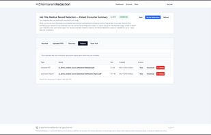 After processing is complete, the Outputs screen provides access to the permanently redacted PDF and the corresponding verification report. Users can view or download the files and, if necessary, return to revise redactions before the retention period expires.
