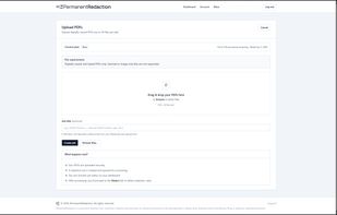 The upload screen allows users to create a new redaction job by dragging and dropping digitally issued PDF files or selecting them from their computer. Users can optionally provide a job title, and the system securely uploads the documents and queues them for redaction processing.