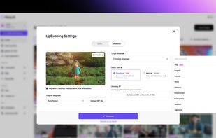 Dubbing Settings: Choose target language from 33+ options, voice tone (Emotional or Natural), and custom glossary