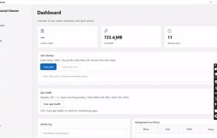 Dashboard — 960x620 window with 3 stats cards (Junk / Free RAM / Startup) and 4 sections: Junk cleanup (Scan junk / Clean junk now), App health (Not Responding check), Activity log (cleaner.log tail), Background run history (AUTO: freed table). Tray like Laragon.