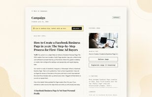 Approved PersonnaPress campaign dashboard featuring a guide on creating a Facebook Business Page alongside generated X and LinkedIn social posts
