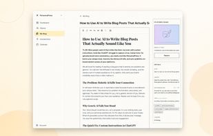 PersonnaPress blog editor dashboard showing an article titled "How to Use AI to Write Blog Posts That Actually Sound Like You" with SEO metadata settings