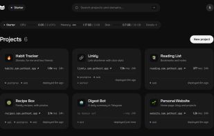 Every project at a glance: names, addresses, traffic and health, with machine resources above.