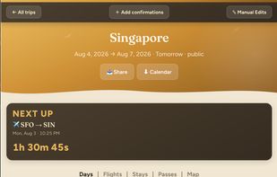 Trip intro page with title, next up, main tabs, and arrival flight inclusive of all live flight tracking data.