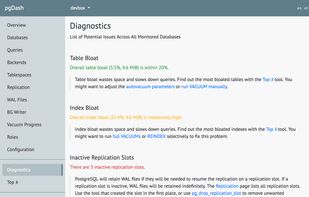 pgDash Diagnostics examines your PostgreSQL server and databases scanning for potential issues that can impact the health and performance of your deployment.