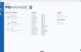 Welcome Screen with recent DB connections and hotkey hints