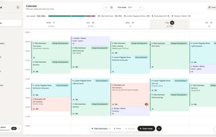Drag on the week to log time. Every entry carries its project, phase,task and optional note. 