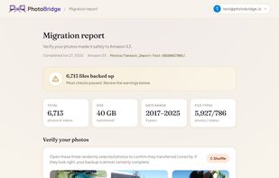 The migration report confirms every photo made it across: Total files and size, date range, integrity checks, and a random spot-check of your photos at the destination.