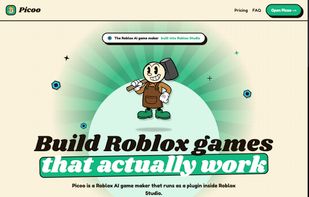 The picoo.io home page. Picoo runs as a plugin inside Roblox Studio, so you describe the system in plain English and it is built in your open place.