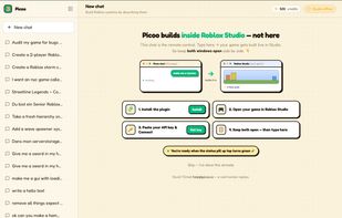 The dashboard: credits left and cost per action, plus the API key that pairs the web chat with the Studio plugin.