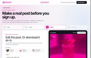 Picorn's no-login template editor with a finished social post, editable copy, live preview and PNG download.