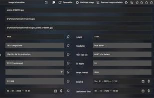 View an image information window which will update as you browse through images. Set EXIF rating, optimize image and rename/move files.