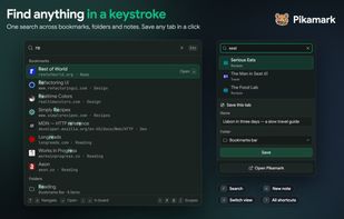 One search across bookmarks, folders and notes, with keyboard navigation and scopes. The toolbar popup saves the current tab with a name and folder, and finds existing bookmarks as you type.
