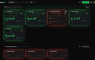 Dashboard - every endpoint and cron heartbeat at a glance: live status, response times, instant red the second something fails.