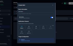 Instant alerts configuration – choose where to get notified when something goes down. Supports Telegram, Discord, Slack, and custom webhooks. Set up in seconds.