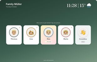 iPad dashboard – everyone taps their own picture, children go straight to their tasks
