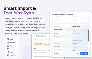 Pull deals, persons, organizations, activities, leads, and products using your existing Pipedrive filters. Edit deals, contacts, and organizations in Google Sheets™ and instantly push changes back to Pipedrive.