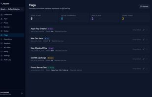 Feature flags in the dashboard. Flags declare themselves from code and appear here already typed — Bool, Int, Double or String. Toggling one reaches every device in about a second.