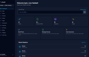 Dashboard overview: devices online, flags in effect, recent flow executions and sessions across one app.