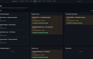 Live pipeline view with stale deals flagged in real time, plus AI-suggested re-engagement messages.