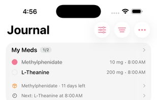 Piru dose journal with routines, reminders and a timestamped timeline.